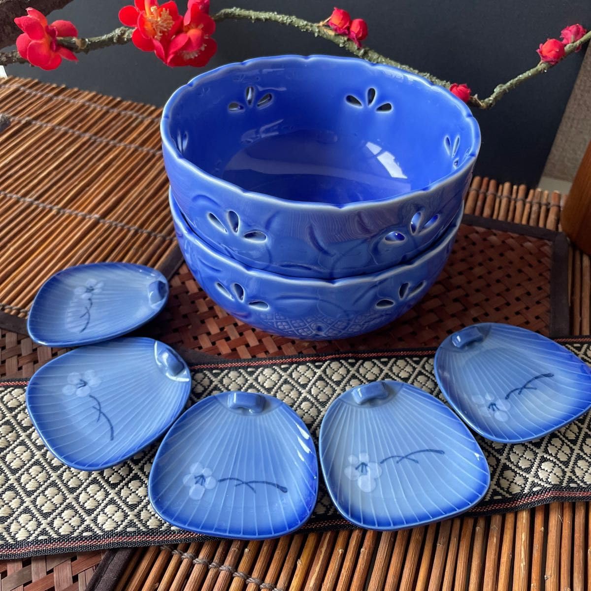 Amazon.co.jp: 愛陶 均窯 うちわ型 銘々皿豆皿 5枚 花びらすかし中鉢